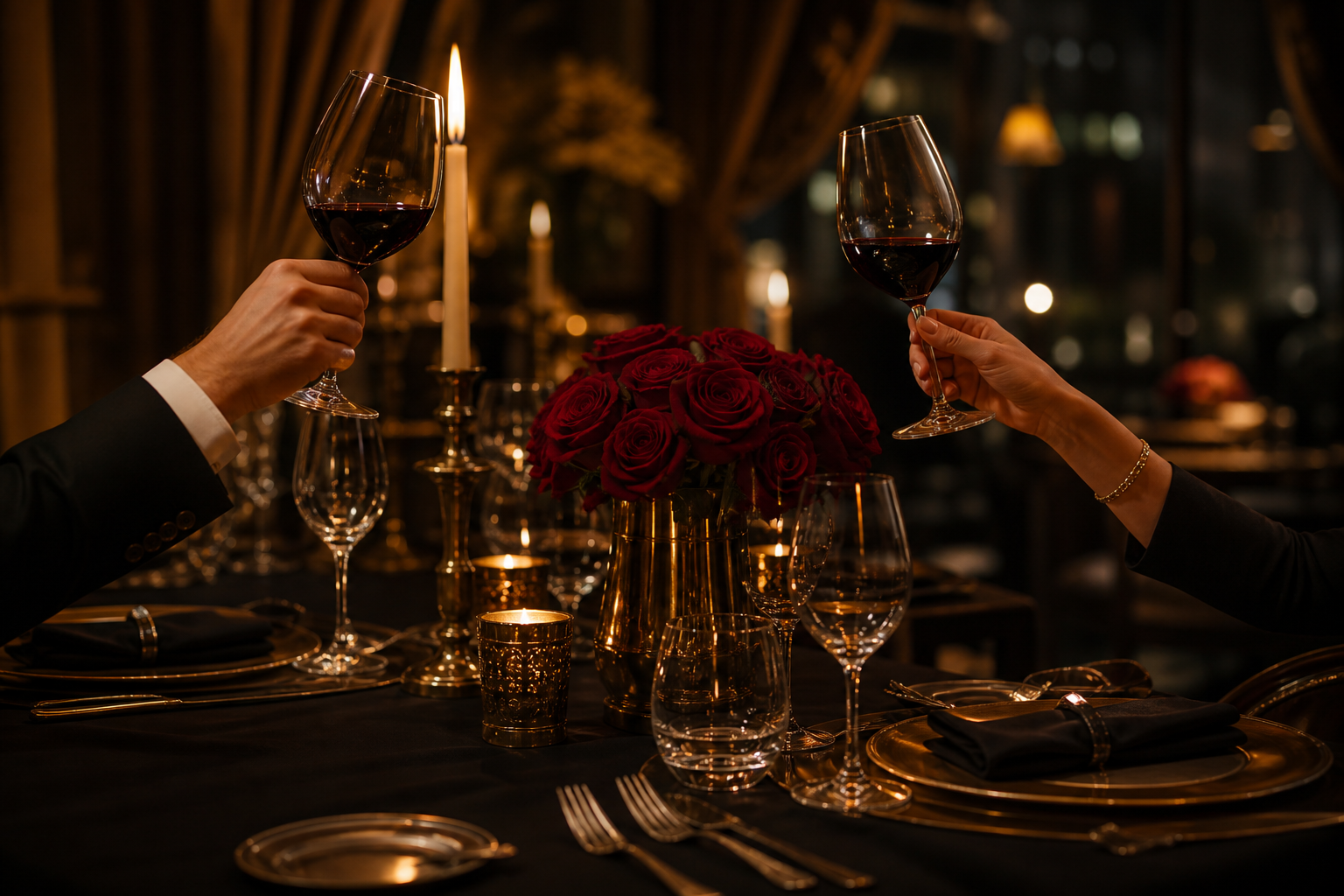 A candlelit dinner table with red roses and raised glasses